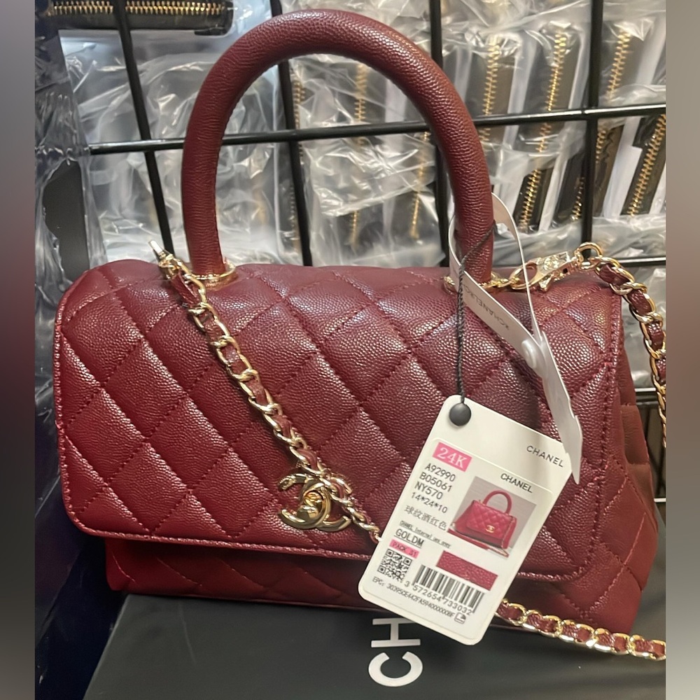 Quilted Top-Handle Satchel in Deep Wine with Gold Chain